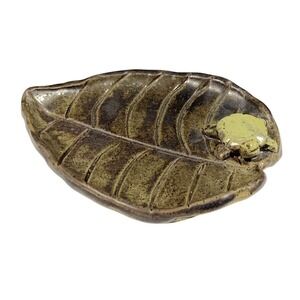 Ceramic Leaf Trinket Dish with Turtle Figurine Rustic Green Nature Mid Century